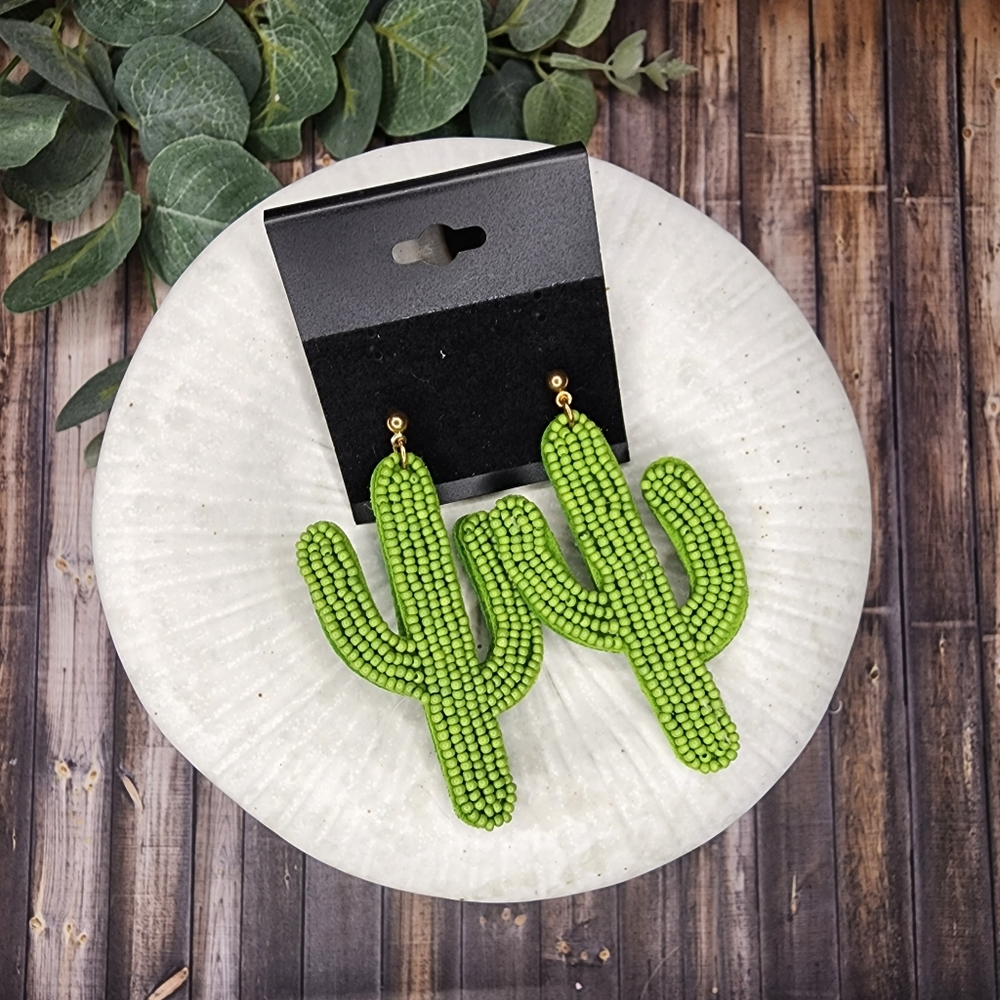 Green Beaded cactus earrings